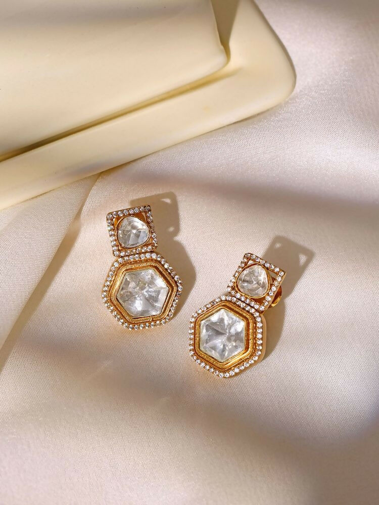 square kundan earrings with hexagon drop - Ruby Raang | Grocsy