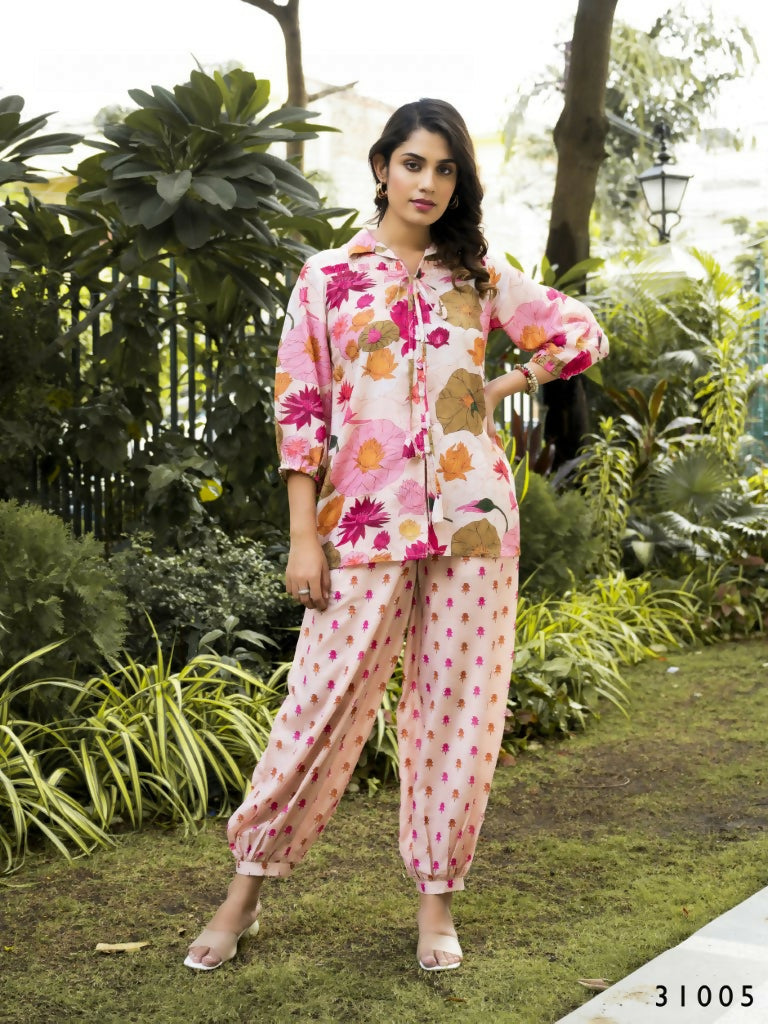 Casual Fashionable Multi Muslin Cotton co-ord set - Manya | Grocsy