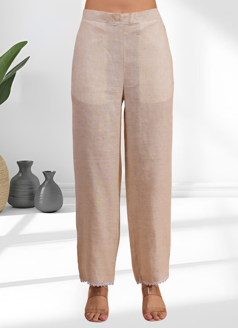 Joban Fashion Beige Linen Embroidered Readymade Long Kurta With Pant | Grocsy