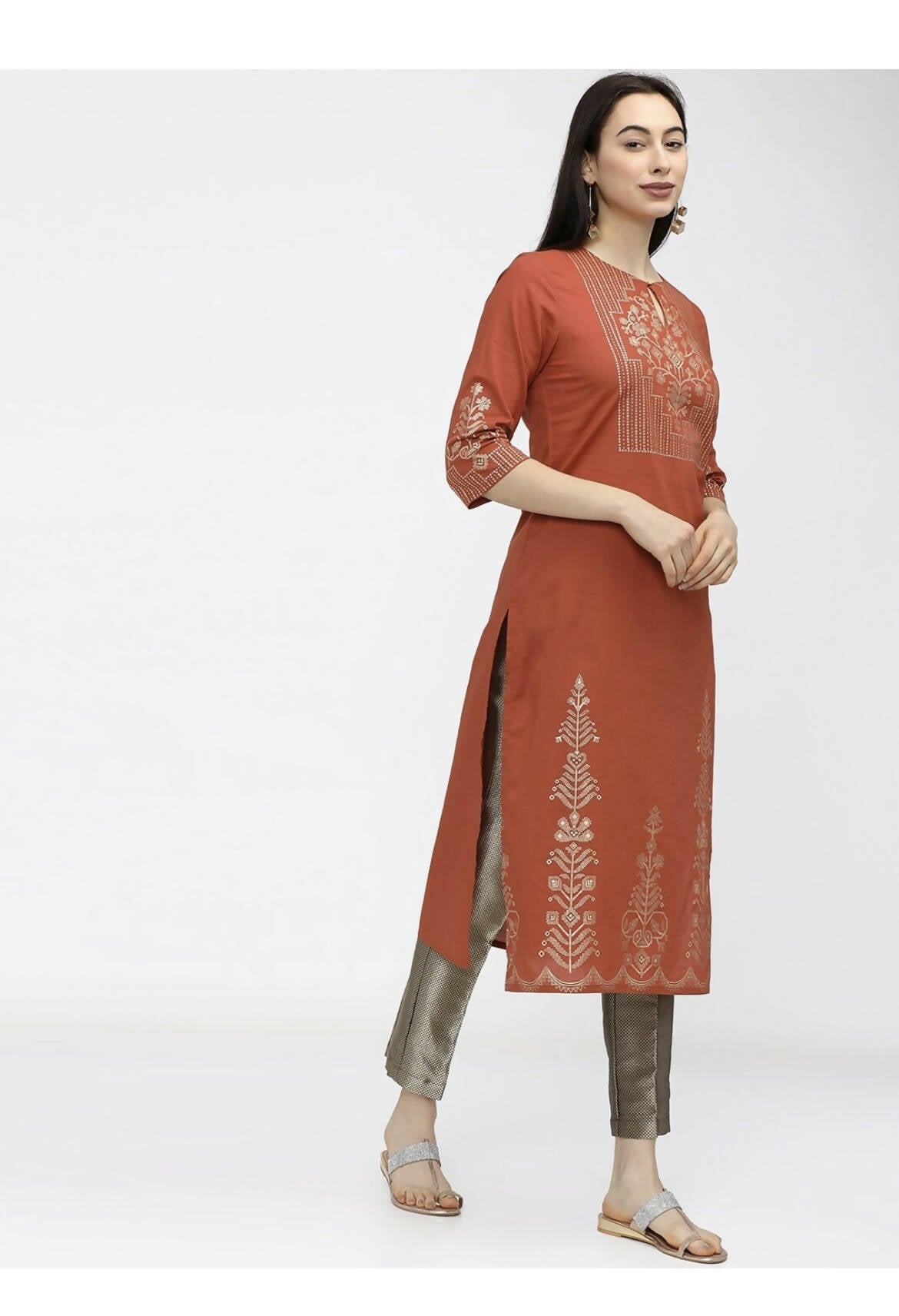 Cheera Embellished Daily Wear Cotton Blend Kurta - Brown | Grocsy