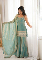 Teeya Creation Seafoam Green Embroidered Frendy Silk Sharara Suit Set | Grocsy