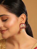 Nuyug 22K Gold Plated Ruby & Pearl Studded Dome Shaped Jhumkas | Grocsy
