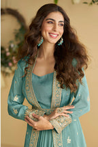 Anaita Sky-Blue Chinon Silk Readymade Anarkali Shrug Gown with Belt & Embroidery Work | Grocsy