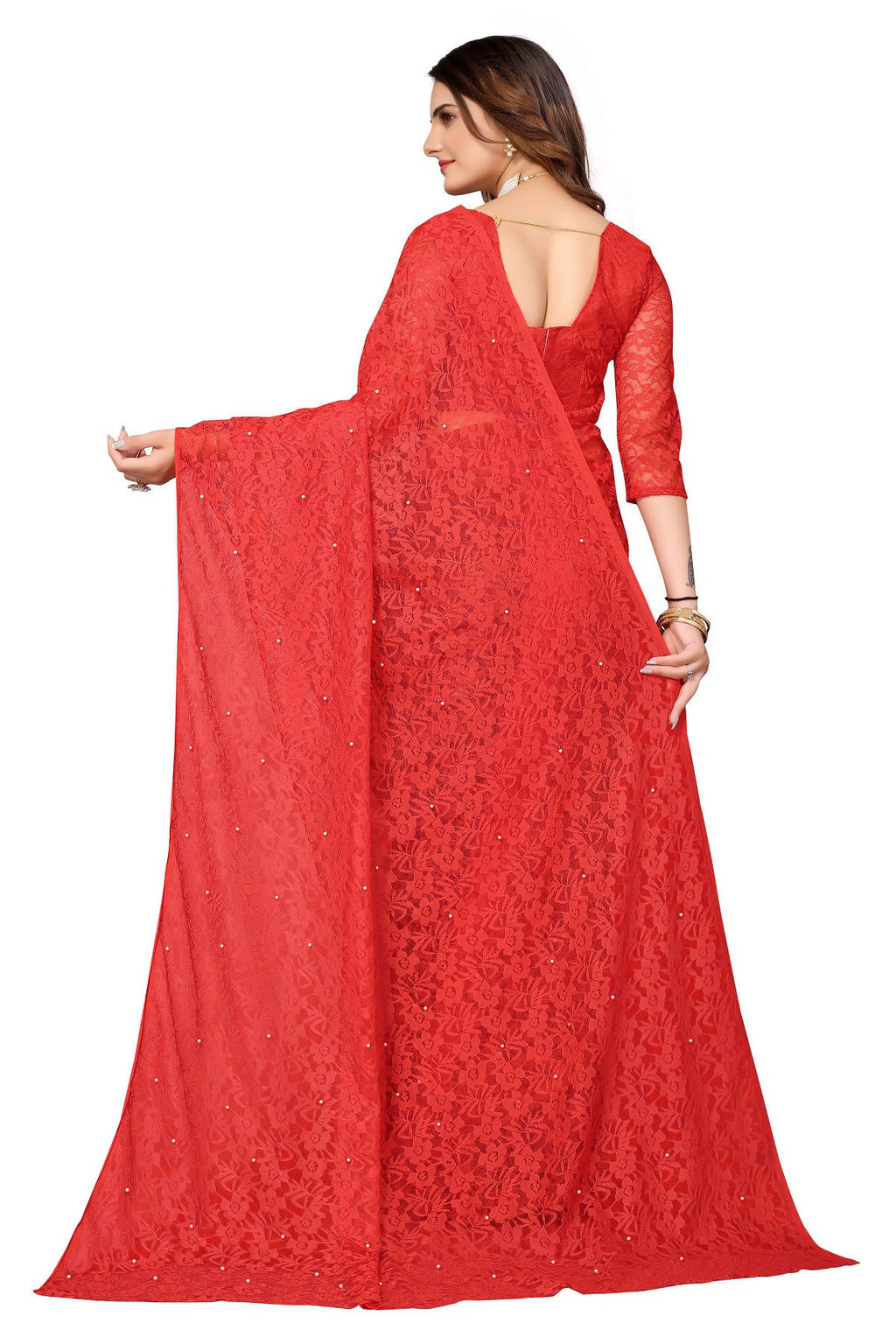 Vamika Ethnic Fire Red Pearls Net Saree | Grocsy