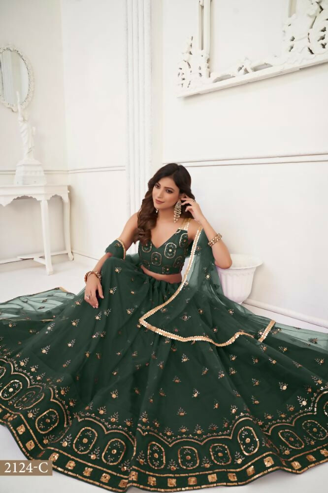 Aastha Fashion Dark Green Butterfly Net Tone To Tone Thread Work And Sandwich Sequence Work Embroidery Wedding Wear Lehenga Choli | Grocsy