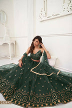 Aastha Fashion Dark Green Butterfly Net Tone To Tone Thread Work And Sandwich Sequence Work Embroidery Wedding Wear Lehenga Choli | Grocsy