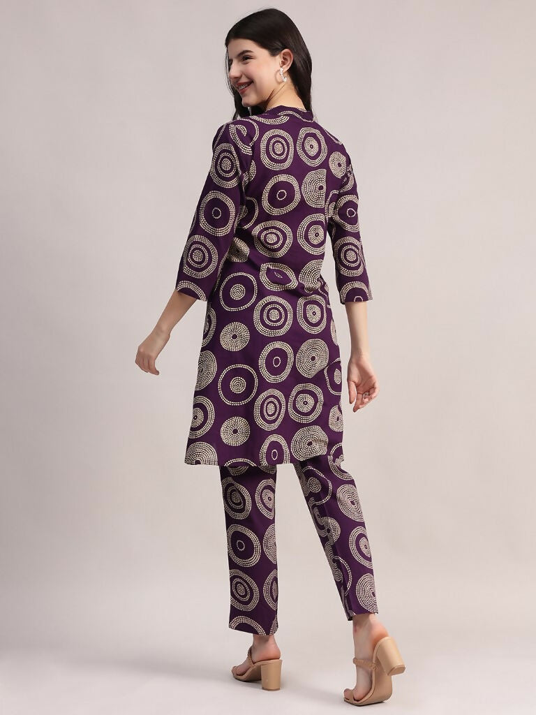 Aavyora Women's Purple Abstract Printed Pure Cotton Co-ord Set | Grocsy