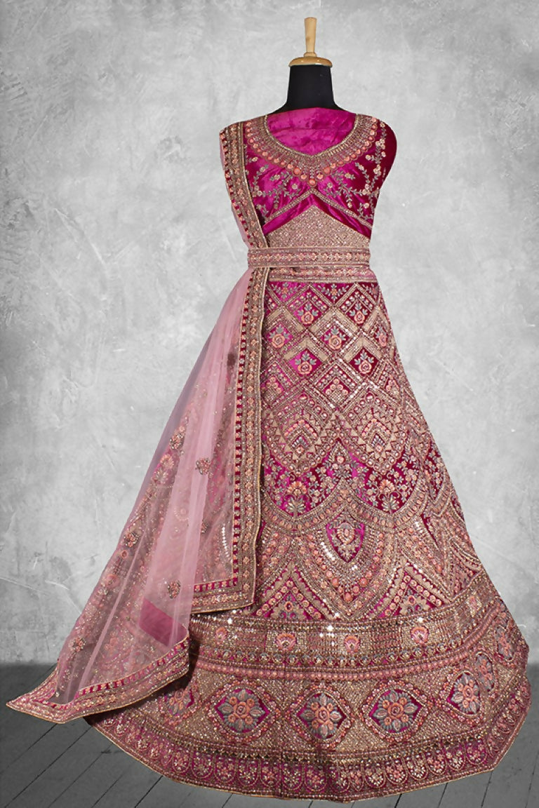 Pink Velvet Pure Mirror Work Semi Stitched Lehenga Choli with Dupatta - Nimaya Lagnotsav | Grocsy