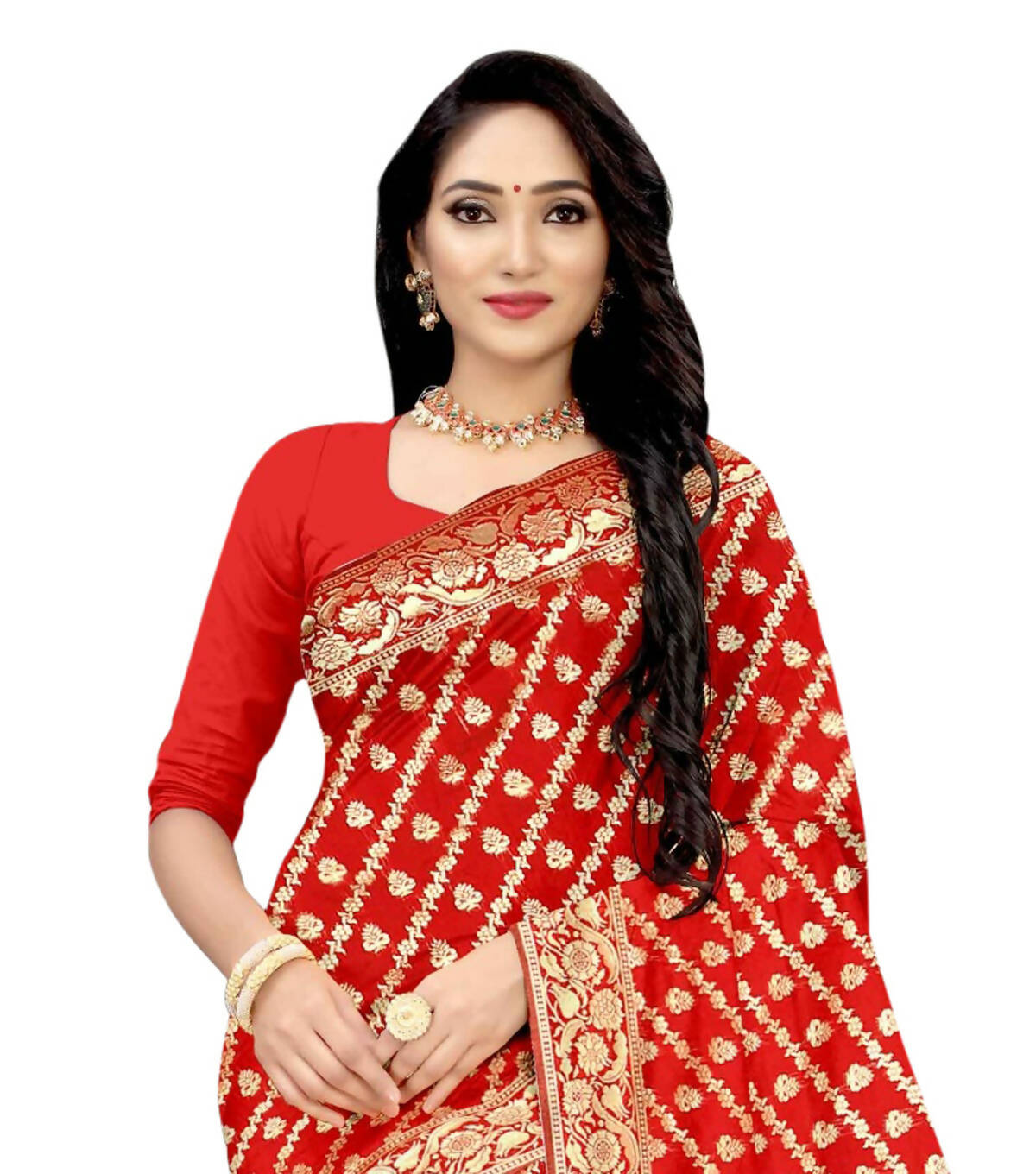 Vamika Weaving Banarasi Jacquard Saree - Red | Grocsy