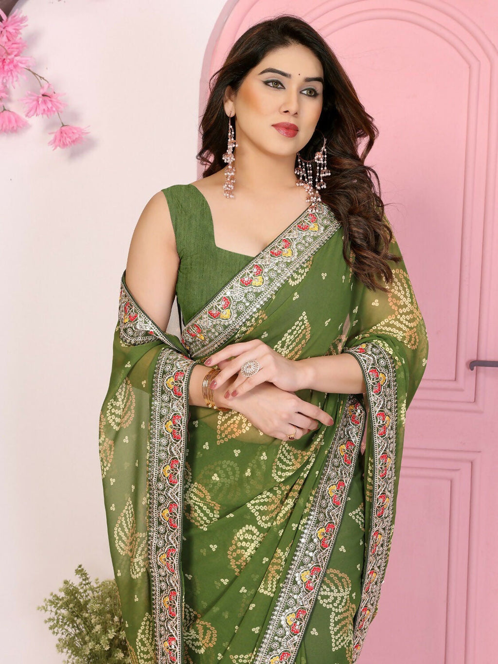 Ai Fashion Mehendi Georgette Rajwadi Bandhani Print Party Wear Saree | Grocsy