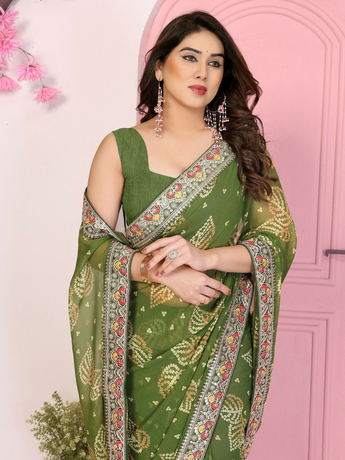 Ai Fashion Mehendi Georgette Rajwadi Bandhani Print Party Wear Saree | Grocsy