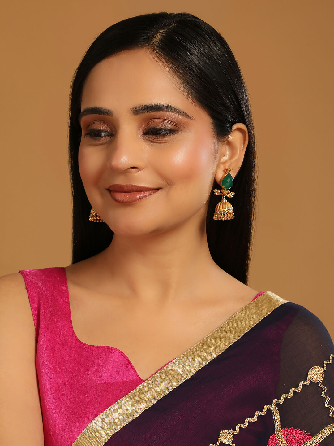 Nuyug 22K Gold Plated Emerald Stone Studded Ethnic Jhumkas | Grocsy