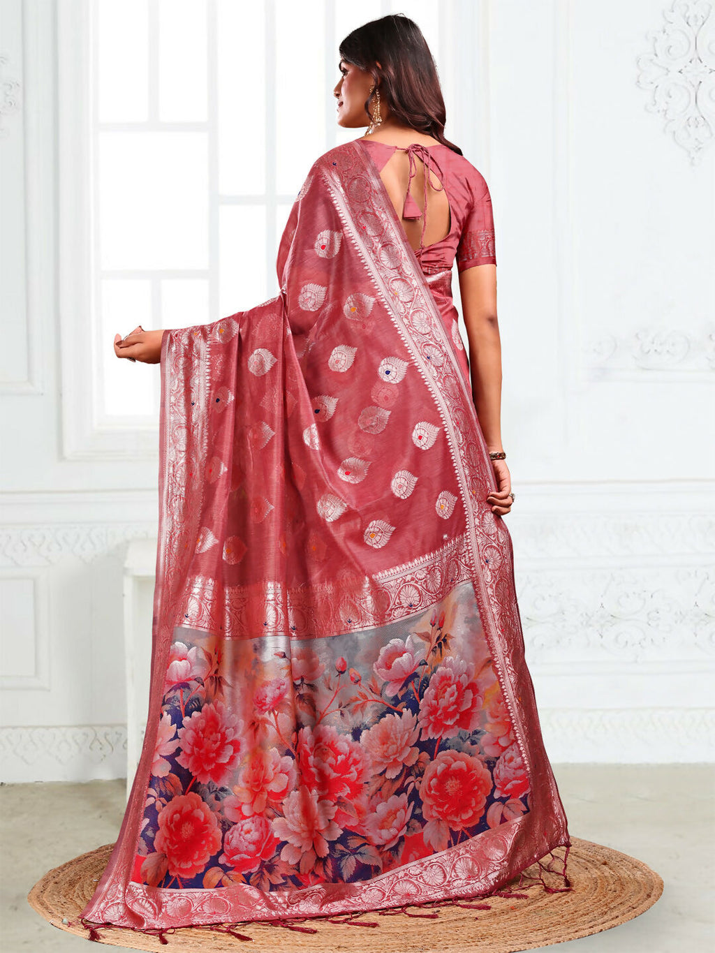 Shree Shyam Fashion Linen Cotton Rust Saree | Grocsy
