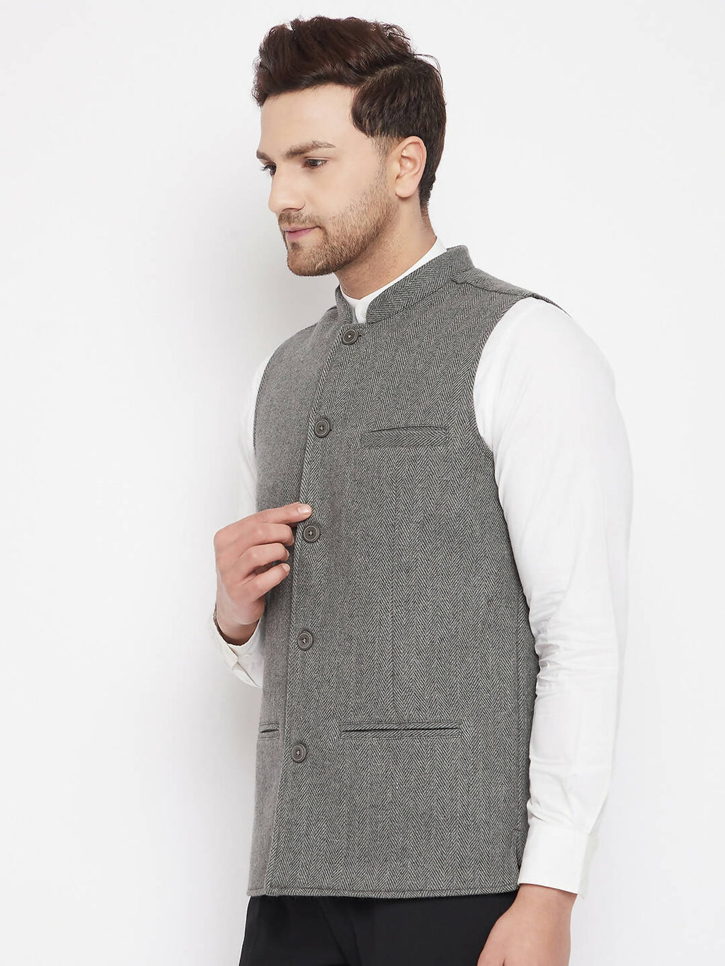 Even Apparels Grey Wool Men Woven Nehru Jacket | Grocsy