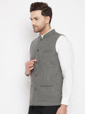 Even Apparels Grey Wool Men Woven Nehru Jacket | Grocsy
