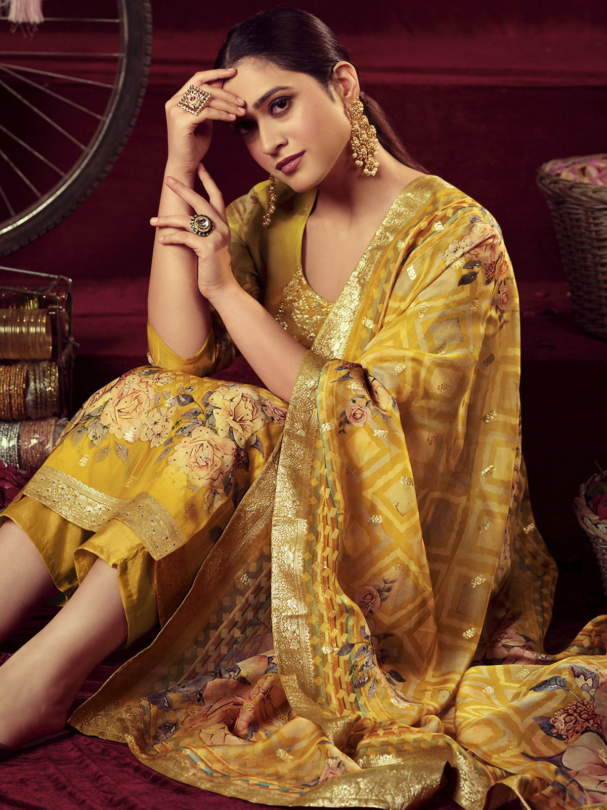 Jyoti Fashion Women's Mustard Organza Jacquard Woven Kurta with Trouser & Dupatta | Grocsy