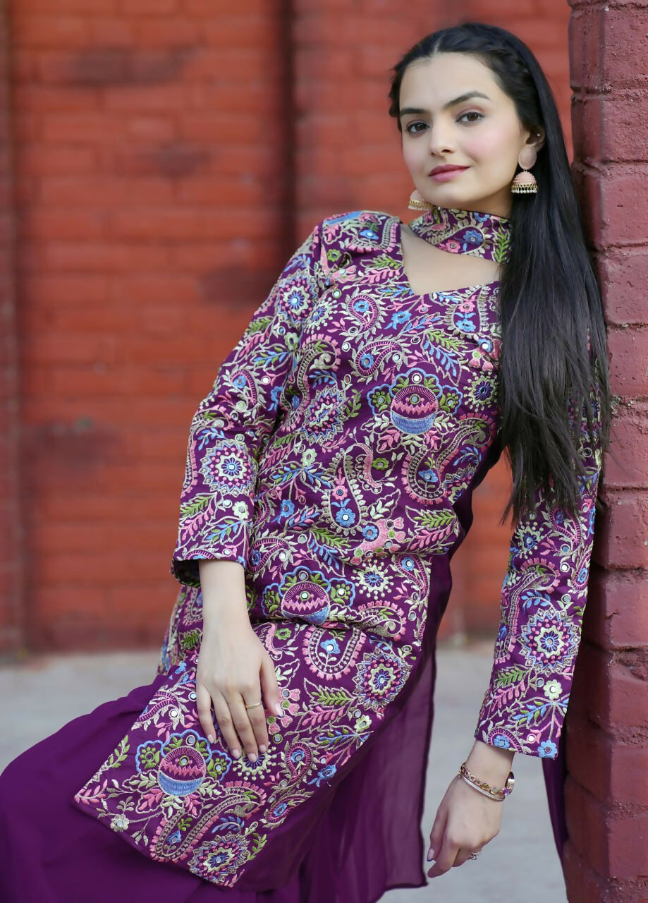Joban Fashion Wine Silk Embroidered Sharara Set | Grocsy