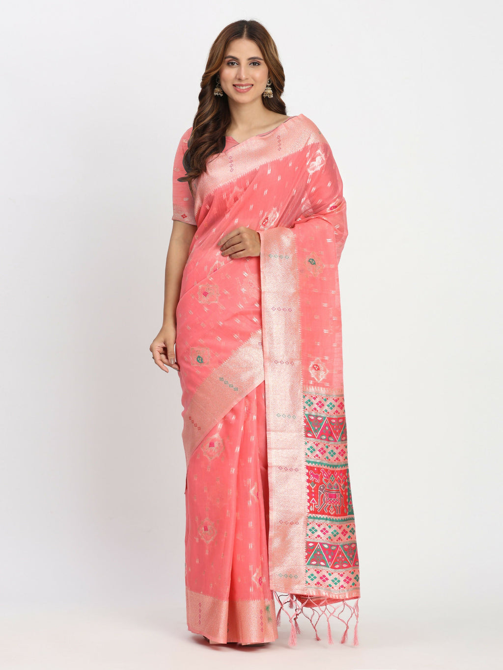 Shree Shyam Fashion Linen Cotton Peach Saree | Grocsy