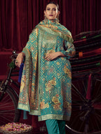 Jyoti Fashion Women's Turquiose Organza Jacquard Woven Kurta with Trouser & Dupatta | Grocsy