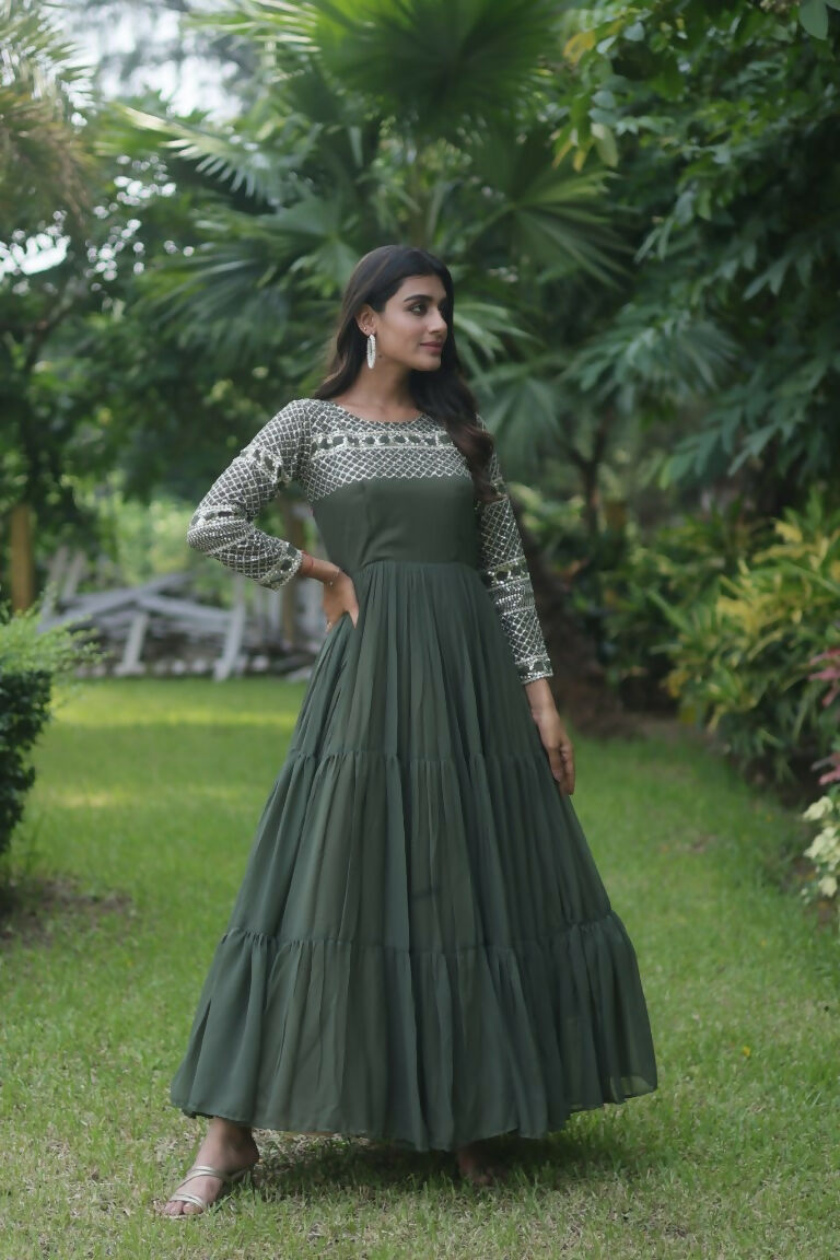 Jyoti Fashion Women's Mehendi Sequins Zari Embroidered Faux Georgette Anarkali Dress | Grocsy