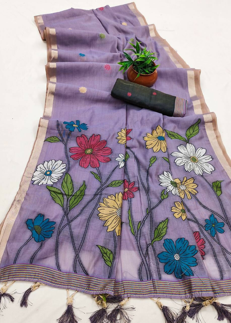 Vastranavya Lavender Muga Cotton Meenakari & Azarakh Pallu Saree with Contrast Blouse | Grocsy