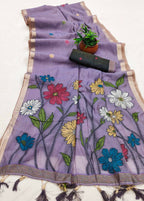 Vastranavya Lavender Muga Cotton Meenakari & Azarakh Pallu Saree with Contrast Blouse | Grocsy