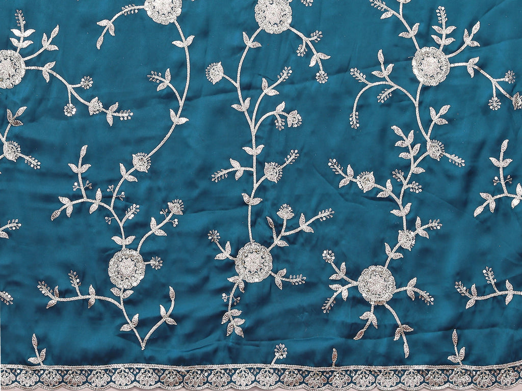 Blue Pure Satin Embroidered Saree With Stitched Blouse - Nimaya Kaksha | Grocsy