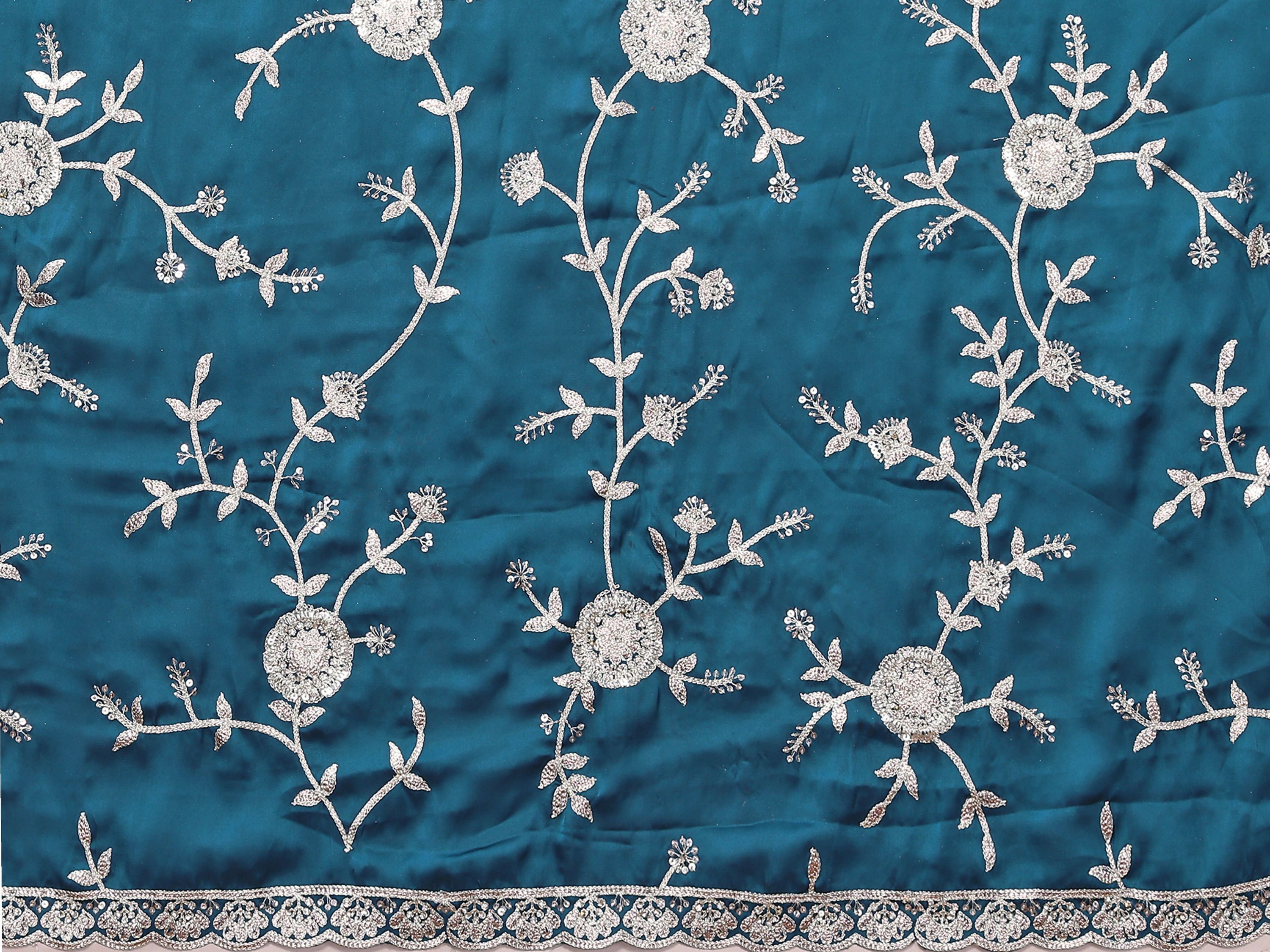 Blue Pure Satin Embroidered Saree With Stitched Blouse - Nimaya Kaksha | Grocsy