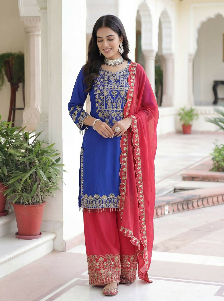 Joban Fashion Blue Silk Embroidered Sharara Set | Grocsy