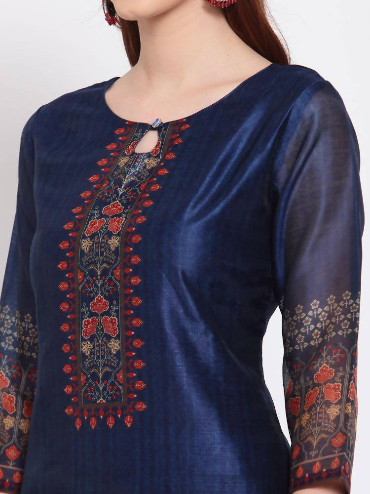Myshka Women's Navy Blue Printed Chanderi Silk 3/4 Sleeve Round Neck Casual Kurta | Grocsy
