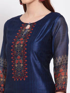 Myshka Women's Navy Blue Printed Chanderi Silk 3/4 Sleeve Round Neck Casual Kurta | Grocsy