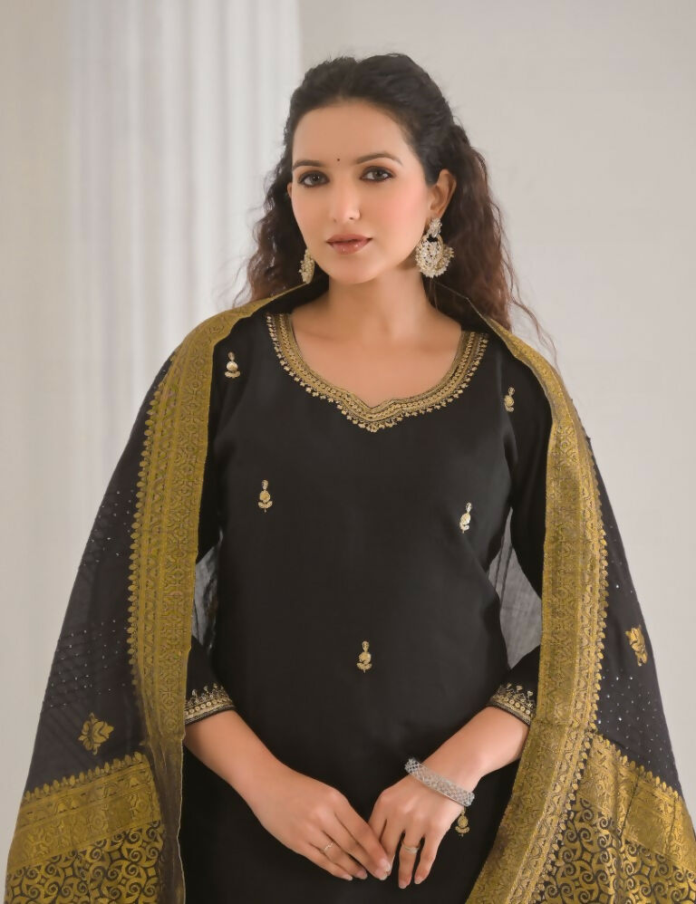 Ethnic Festive Wear Viscose Chanderi Black Stitched Suit With Dupatta - Tanisha | Grocsy