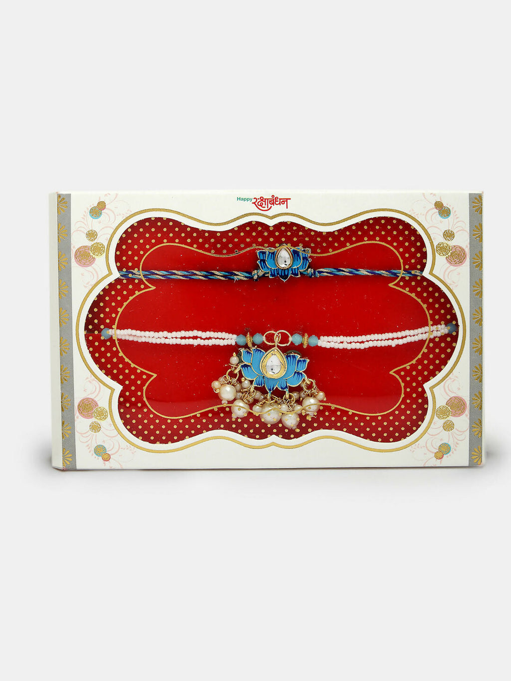 NVR Women & Men Set of 2 Blue Lotus Shape Kundan-Studded & Beaded Handcrafted Wraparound Rakhi Set With Roli Chawal | Grocsy
