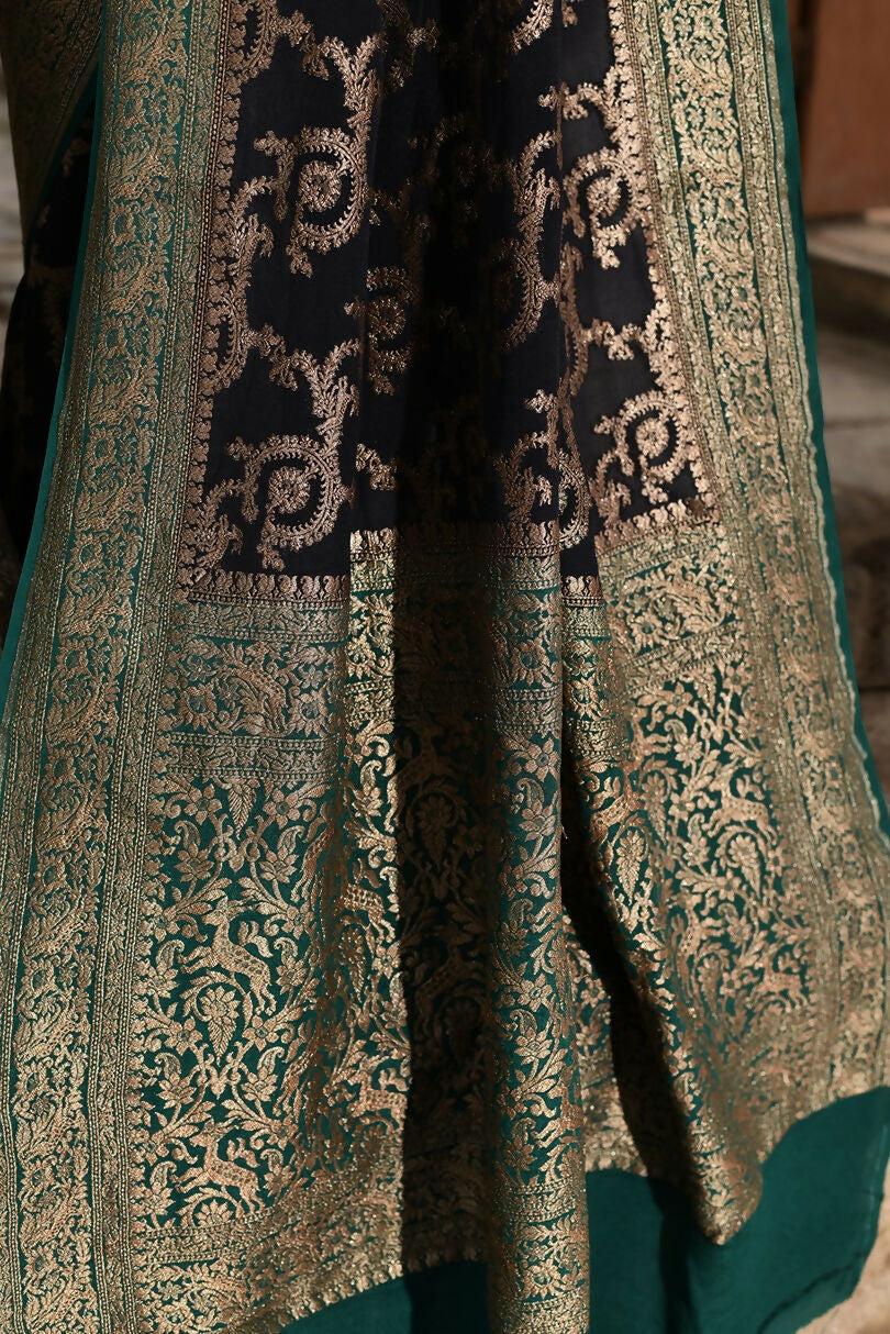 Joban Fashion Navy Blue Crepe Chiffon Pure Handloom Banarasi Silk Saree | Grocsy