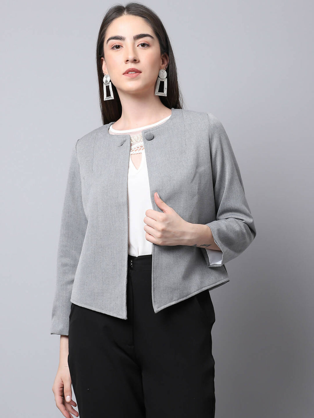 Even Apparels Grey Polywool Open Front Statement Women's Jacket | Grocsy