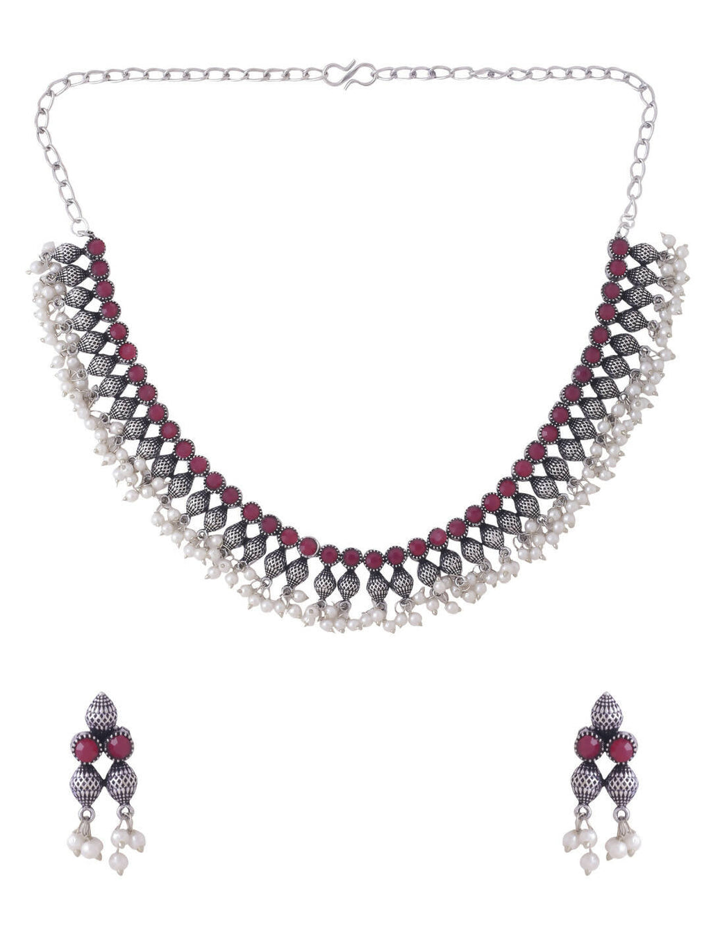NVR Women Silver-Plated Stone Studded Oxidised Silver Jewellery Set | Grocsy