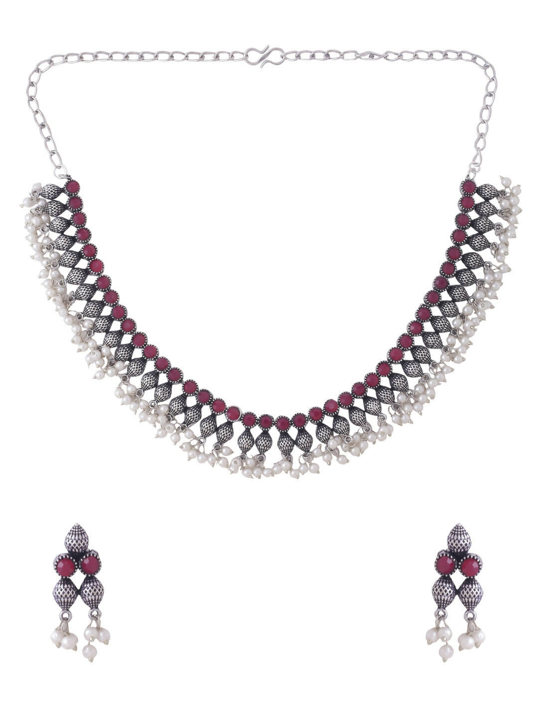 NVR Women Silver-Plated Stone Studded Oxidised Silver Jewellery Set | Grocsy