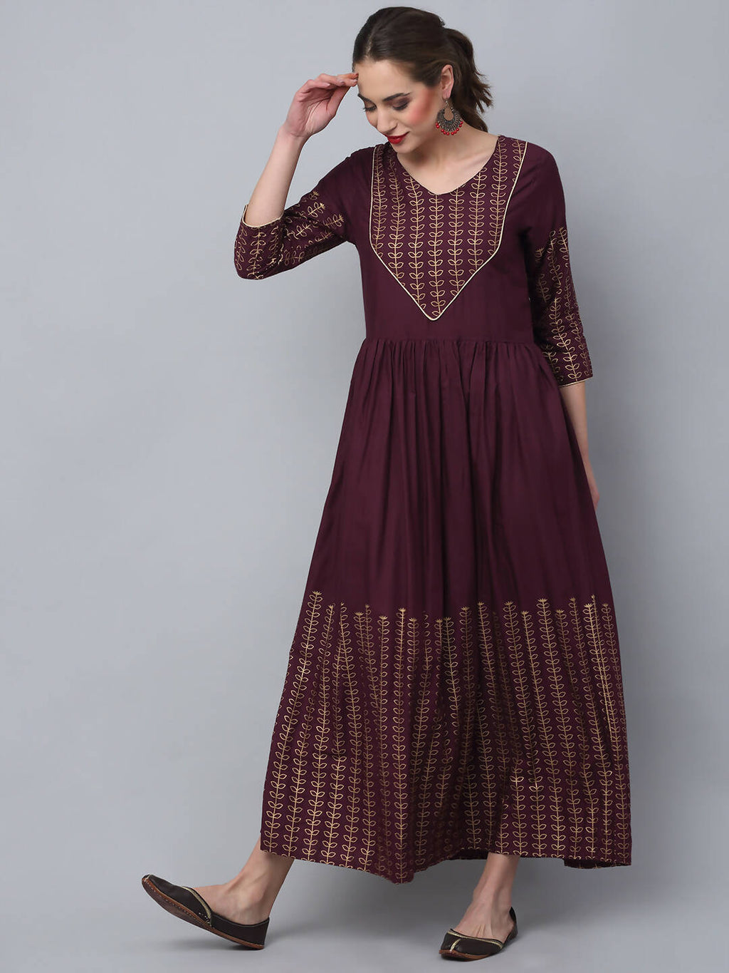 Rudra Bazaar Gold Printed A-Line Flared Brown Kurti | Grocsy