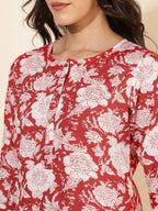 Janasya Women's Red Cotton Cambric Floral Printed Casual Straight Top Set | Grocsy
