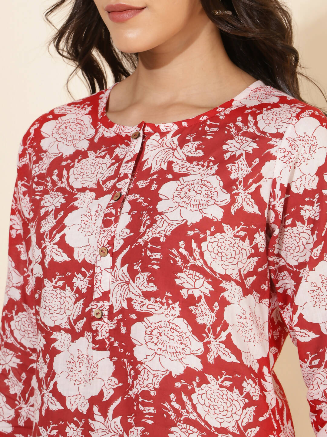 Janasya Women's Red Cotton Cambric Floral Printed Casual Straight Top Set | Grocsy