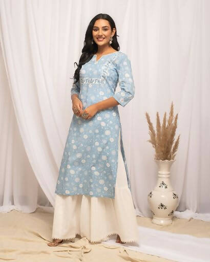 FIORRA Women's Floral Printed Sky Blue Cotton Straight Kurta | Grocsy