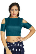 Aastha Fashion Women's Teal Art Silk Cold Shoulder Sleeve Readymade Blouse | Grocsy