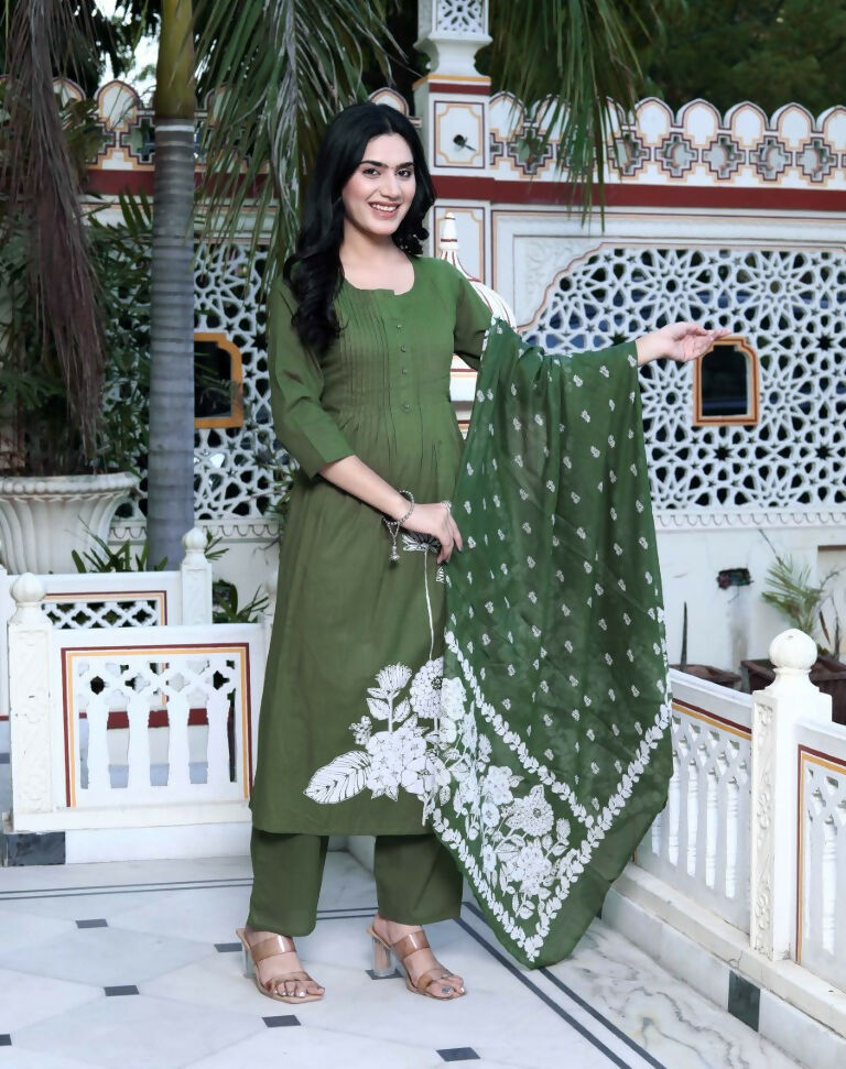 Miravan Women's Mehandi Pintucks Floral Pattern Cotton Straight Kurta with Palazzo And Floral Dupatta Set | Grocsy