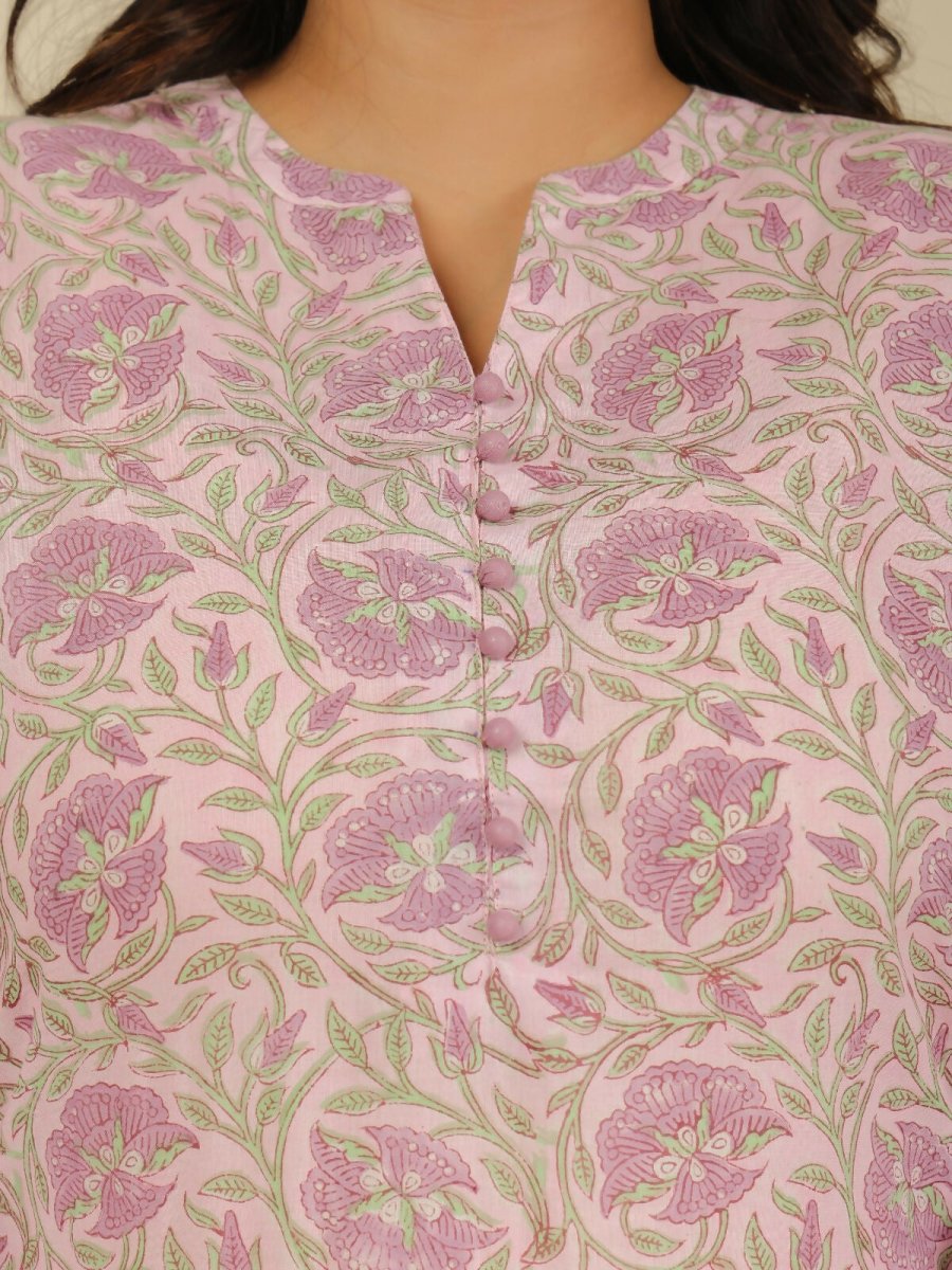 Aramya Pink Soft Cotton Floral Print Straight Kurta Pant Set for Women | Grocsy