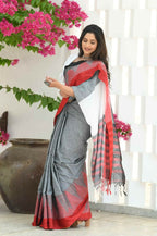 Beatitude Grey Temple Border Cotton Saree | Grocsy