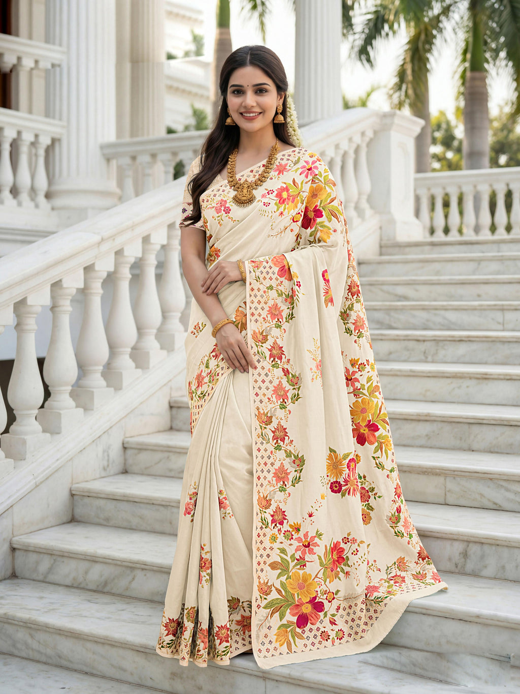 Aastha Fashion Cream Premium Russian Silk Designer Floral Position Print Saree | Grocsy