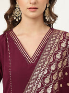 FIORRA Women's Purple Poly Crepe A-Line Kurta Pant With Dupatta | Grocsy