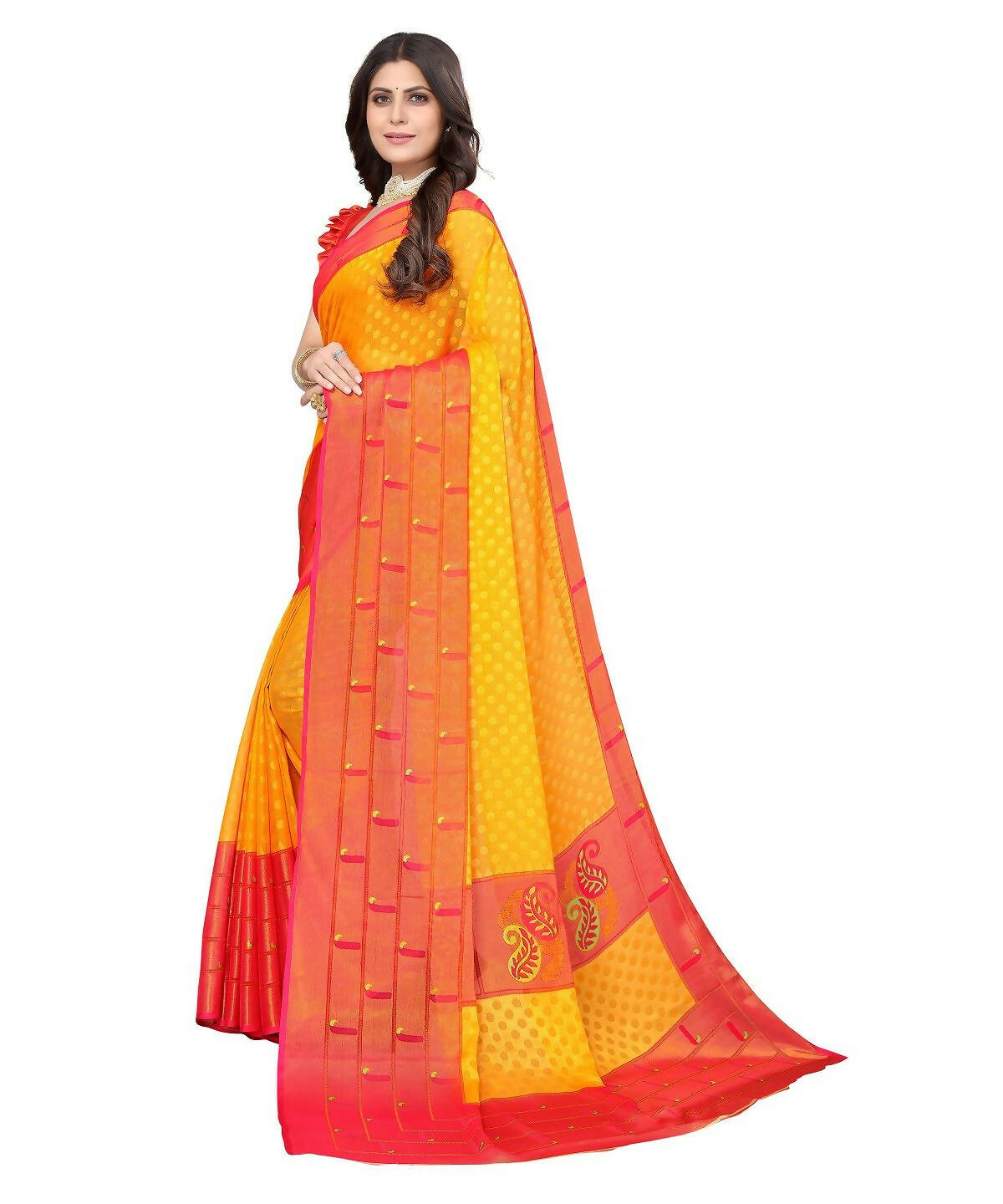 Vamika Yellow Chiffon Brasso Bollywood Style Woven Saree (DIMPLE YELLOW) | Grocsy