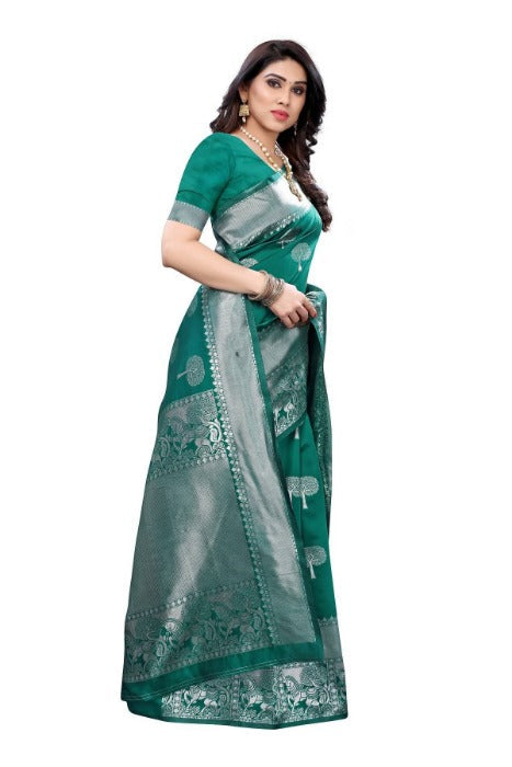 Vamika Banarasi Jacquard Weaving Rama Green Saree (AMEE RAMA) | Grocsy