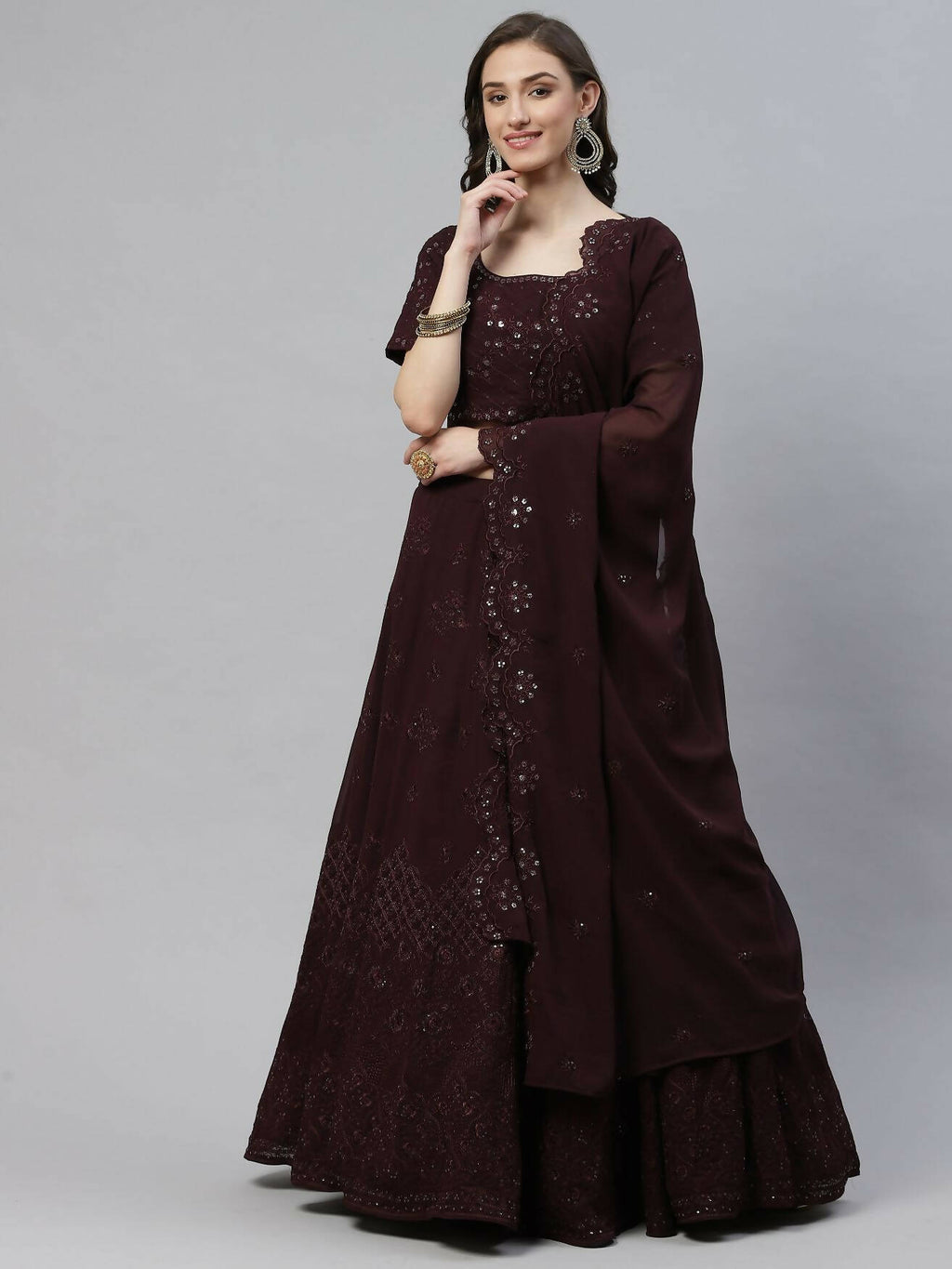 Purple Georgette Thread with Sequins Embroidered work Lehenga Choli with Dupatta - Jivika | Grocsy